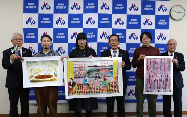 左から松本教育長、横尾さん、大杉さん、松本市長、今宮さん、山口副市長